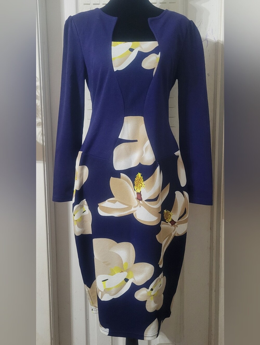 Navy Floral Sheath Dress - Elegant Knee-Length Women's Dress